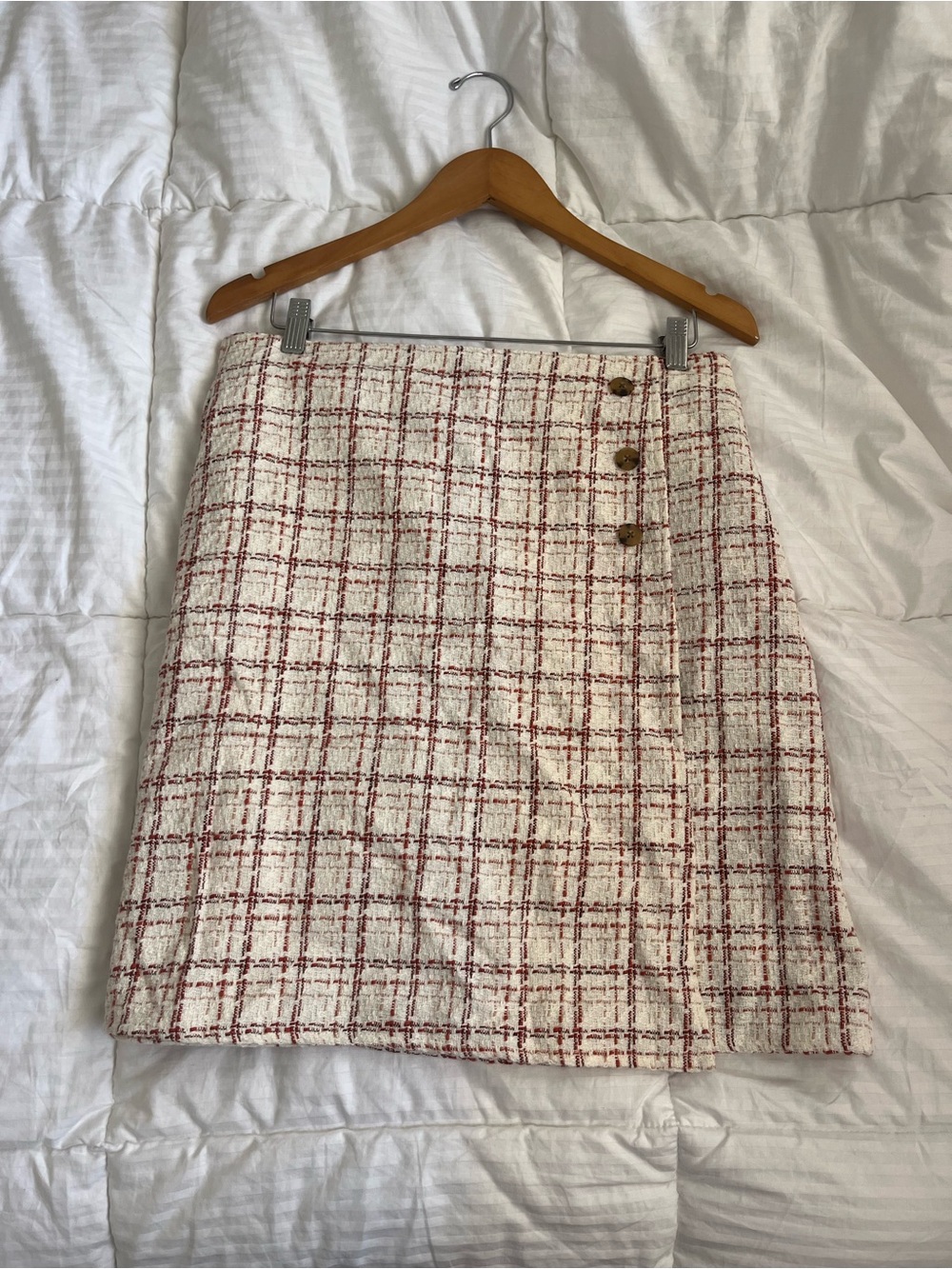 J. Jill Cream and Red Plaid Tweed Mini Skirt with Button Accent